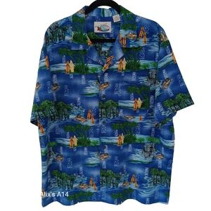 Mens Ocean Current‎ Sz L Short Sleeve Front Buttons Shirt Blue Ocean Abstract